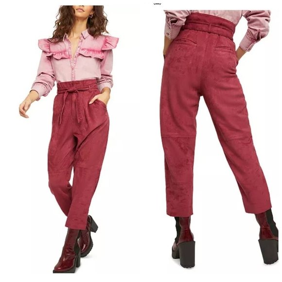 FREE PEOPLE Nightfall Vegan Suede High Rise Paperbag Waist Pants in Burgundy US6 - Picture 1 of 10